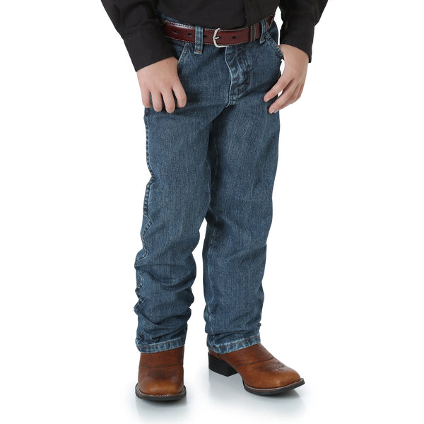KONTOOR Wrangler Cowboy Cut Boys Jeans in subtle worn wash, front view showing durable denim and classic Western style.