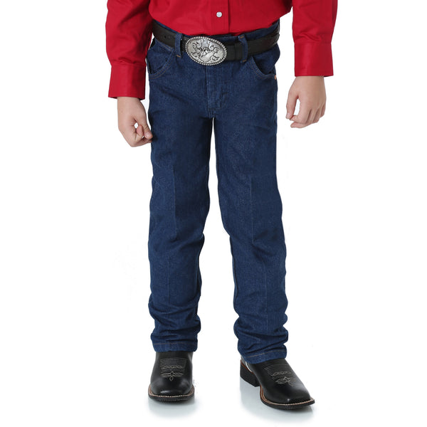 KONTOOR Wrangler Cowboy Cut toddler boys' prewashed indigo jeans, classic fit with rivet details and stitched pockets.