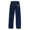 Back view of KONTOOR Wrangler Cowboy Cut Boy's jeans in dark indigo denim, showcasing classic stitching and rugged style.