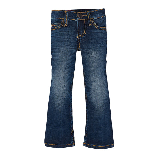 KONTOOR Wrangler girls' medium blue premium patch low-rise jeans, front view showing classic denim style and stitching details.