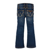 KONTOOR Wrangler girls' medium blue patch low-rise jeans, back view showing stylish denim with patch details and low-rise fit.