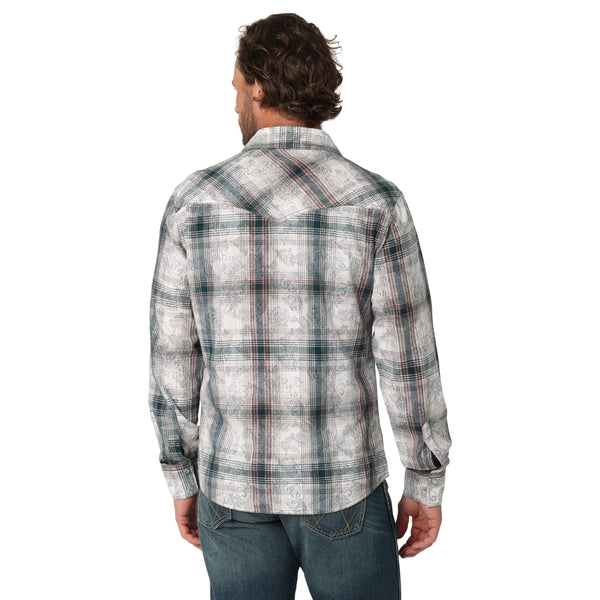 Wrangler Mens Retro Premium Long Sleeve Snap Overprint - White Print - Broken horn