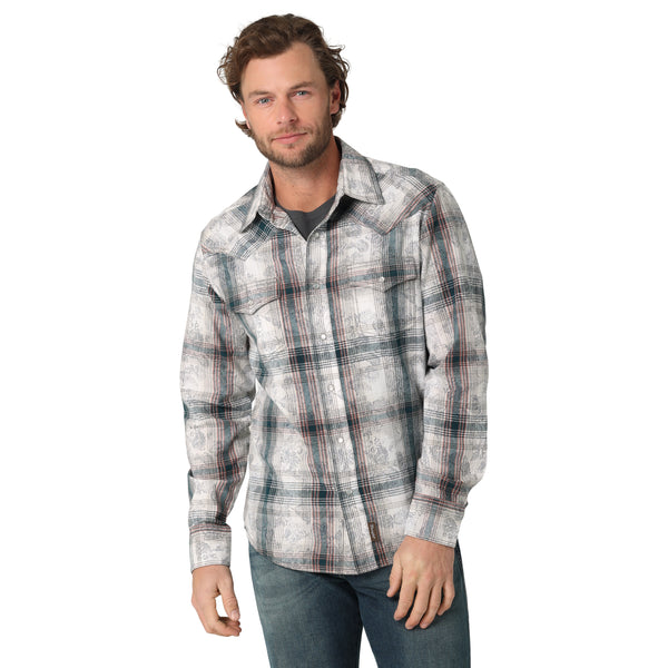Wrangler Mens Retro Premium Long Sleeve Snap Overprint - White Print - Broken horn