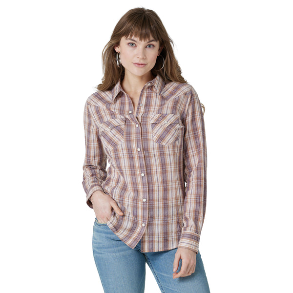 Wrangler Women's Retro Plaid Western Snap - Pink Mauve - Broken horn