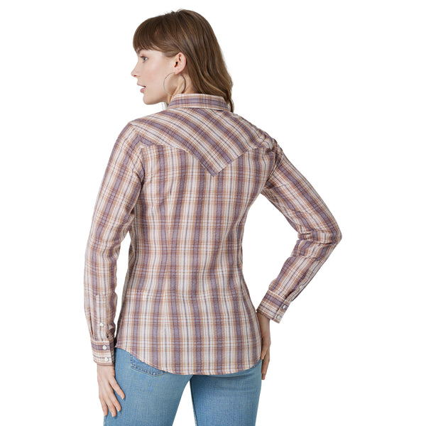 Wrangler Women's Retro Plaid Western Snap - Pink Mauve - Broken horn