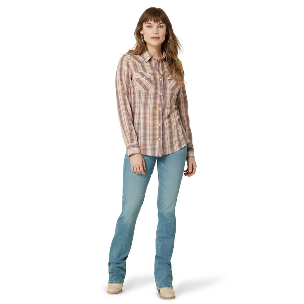 Wrangler Women's Retro Plaid Western Snap - Pink Mauve - Broken horn