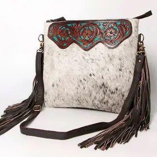Crossbody Hand Tooled and Upcycled Canvas Purse - Broken horn