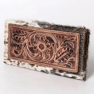 Hand Tooled Cowhide Leather Canvas Wallet - Broken horn