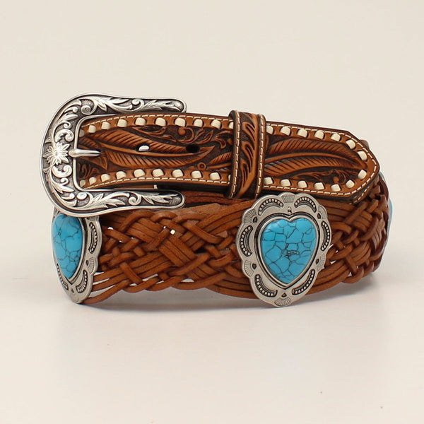 Angel Ranch Ladies Belt Tooled Tabs Braided Heart Concho - Broken horn