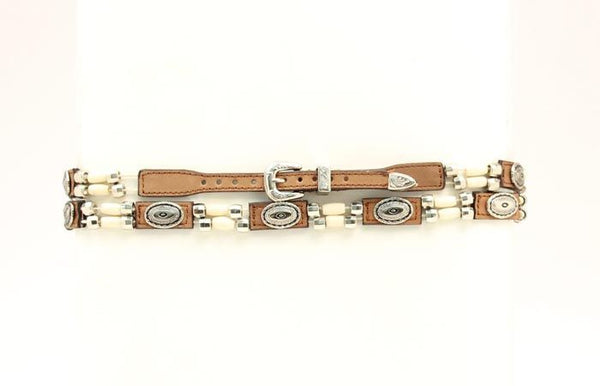 Hat band Genuine Leather with Bone Beads - Med Brown - Broken horn