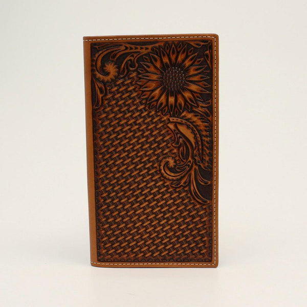 Nocona Rodeo Wallet Basket Weave Sunflower Tooled - Broken horn