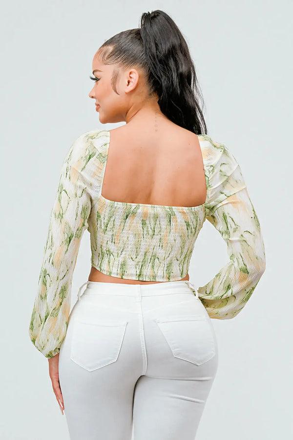 Pleated Chiffon Print Sweetheart Smocked Top - Broken horn