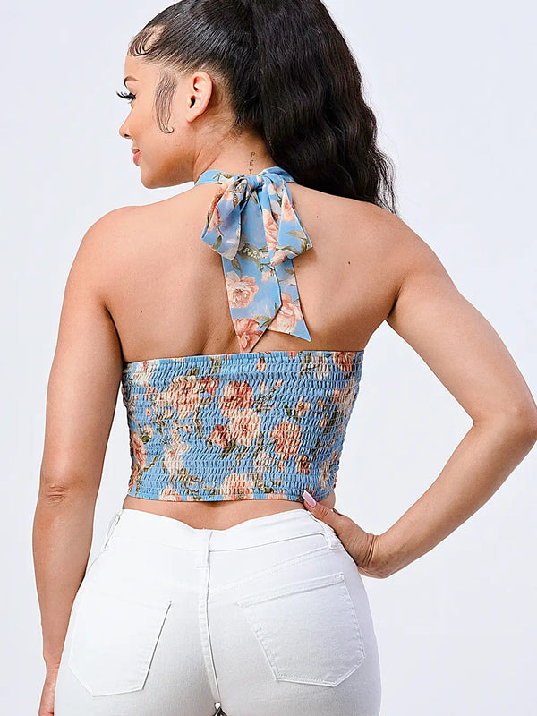 Floral halter smocked tube tank top - Broken horn