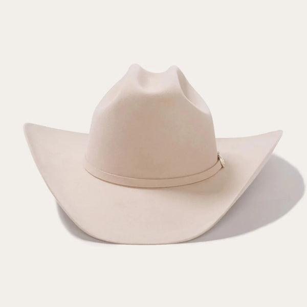 RHE HATCO Stetson Shasta 10x Premier Cowboy Hat in Silverbelly felt, wide brim, classic Western style, detailed stitching.
