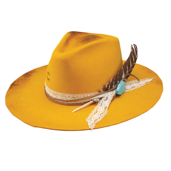 Yellow felt Charlie 1 Horse smoked show hat by RHE HATCO, INC, with wide brim and decorative hatband.