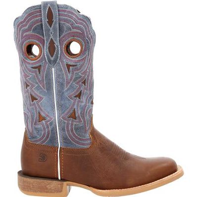 Side view of ROCKY BRANDS Durango Lady Rebel Pro women's leather cowboy boots with decorative stitching.