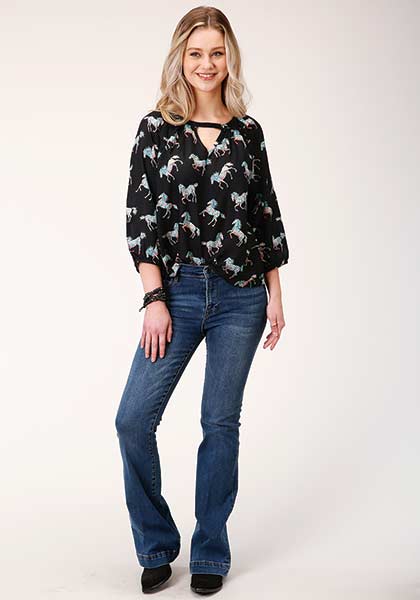 Roper Wild Horse Rayon Shirt Black - Broken horn