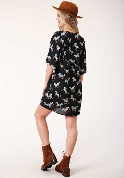 Roper Wild Horse Rayon Black Dress - Broken horn
