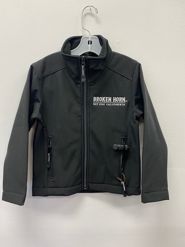 Kids boys softshell jacket by Roper Apparel with BH logo, featuring a navy softshell material and a hooded design.