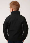 Black boys' softshell jacket with Roper Apparel logo, designed for kids, featuring a comfortable and durable outdoor jacket style.