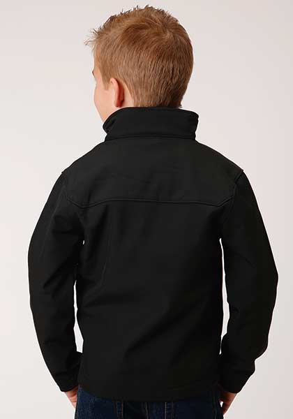 Black boys' softshell jacket with Roper Apparel logo, designed for kids, featuring a comfortable and durable outdoor jacket style.