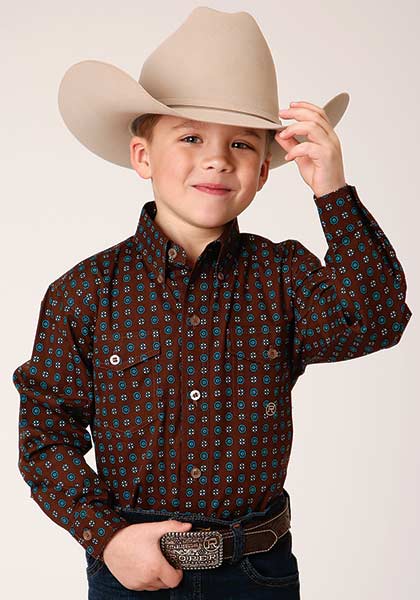 Roper Boys Shirt Amarillo All Over Prints Chocolate Agave Brown - Broken horn
