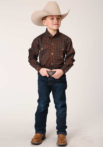 Roper Boys Shirt Amarillo All Over Prints Chocolate Agave Brown - Broken horn