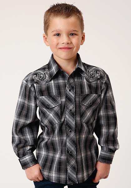 Roper Boys Shirt Black and White Embroidery with White - Broken horn