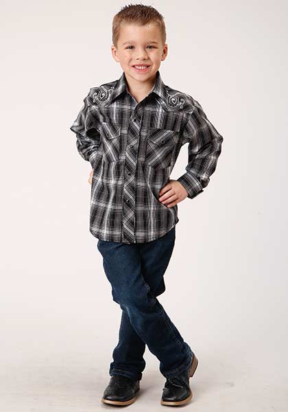 Roper Boys Shirt Black and White Embroidery with White - Broken horn