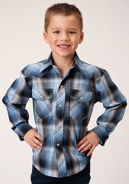 Roper Boys Shirt Blue and Navy Plaid - Broken horn
