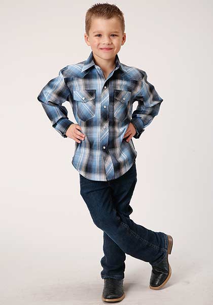 Roper Boys Shirt Blue and Navy Plaid - Broken horn