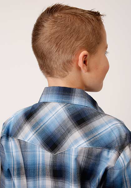 Roper Boys Shirt Blue and Navy Plaid - Broken horn