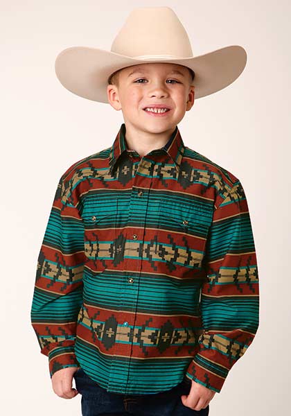 Roper Boys Shirt Ombre Aztex Horizontal Stripe Rust - Broken horn