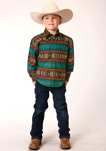Roper Boys Shirt Ombre Aztex Horizontal Stripe Rust - Broken horn