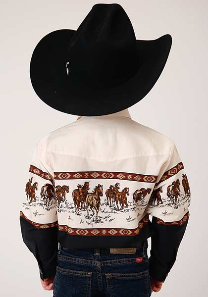Roper Boys Snap Running Horse Border Print Brown - Broken horn
