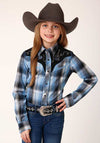Roper Girls Fancy Applique Blue and Navy Plaid Blue - Broken horn