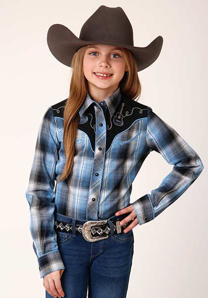 Roper Girls Fancy Applique Blue and Navy Plaid Blue - Broken horn