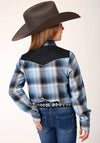 Roper Girls Fancy Applique Blue and Navy Plaid Blue - Broken horn