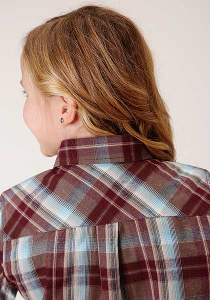 Roper Girls Snap Shirt Southwest Plaid Wine - Broken horn