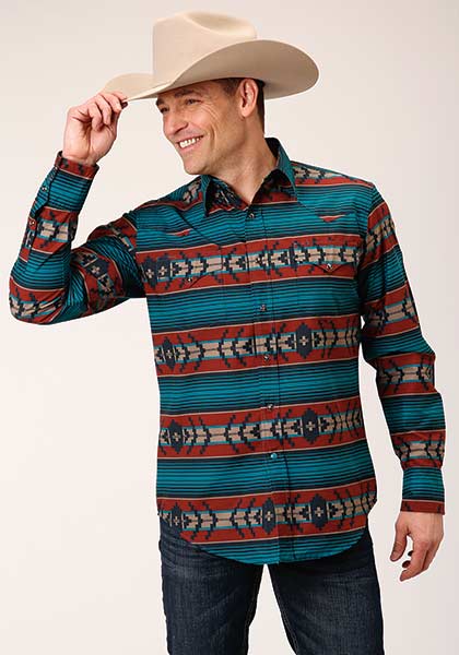 Roper Men's Horizontal Print Design Ombre Aztec Rust - Broken horn