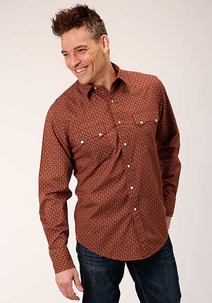 Roper Men's Performance All Over Print Geo Brown - Broken horn