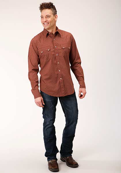 Roper Men's Performance All Over Print Geo Brown - Broken horn
