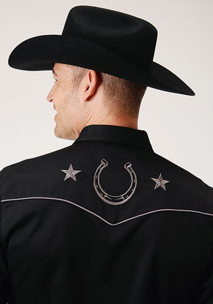 Roper Men's Poly Rayon Retro Shirt Black - Broken horn