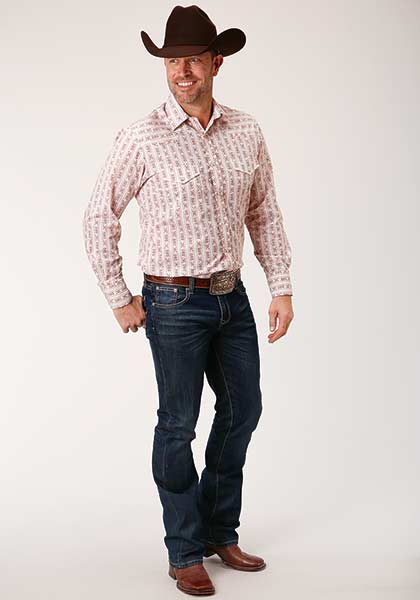 Roper Men's Shirt Snap Print - Wine & Cream Wallpaper Print Wine - Broken horn