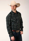Roper Men's Shirt Snap Woven Plaid Forest and Navy - Broken horn