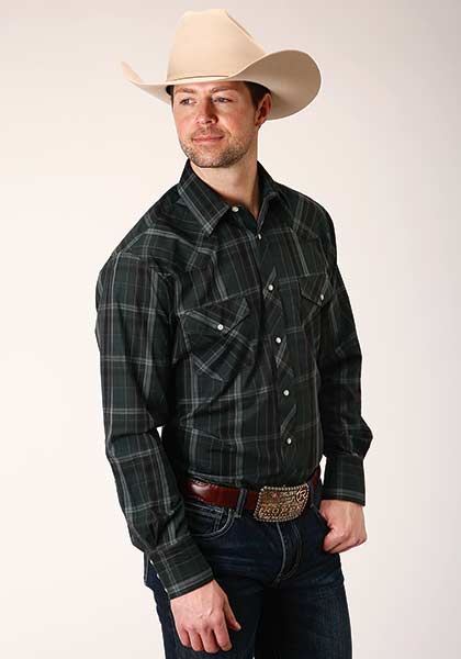 Roper Men's Shirt Snap Woven Plaid Forest and Navy - Broken horn
