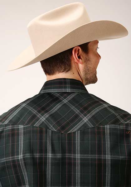 Roper Men's Shirt Snap Woven Plaid Forest and Navy - Broken horn