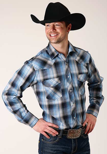 Ropers Men's Long Sleeve Snap Blue Plaid - Broken horn