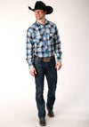 Ropers Men's Long Sleeve Snap Blue Plaid - Broken horn