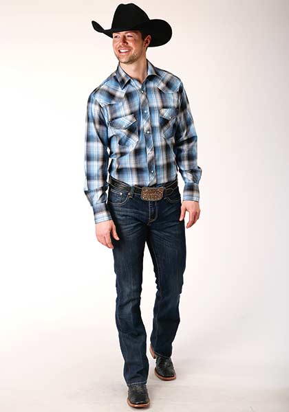 Ropers Men's Long Sleeve Snap Blue Plaid - Broken horn